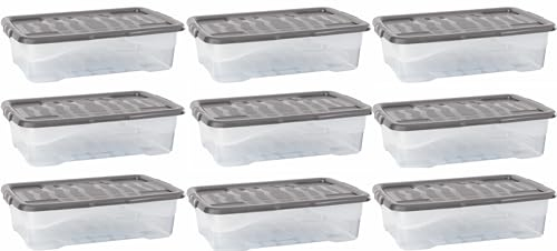 Strata 9 x 30 Litres Curve Plastic Stackable Storage Box & Lid with clip-on lids, 9 Pack, Multi storage box for home and office storage solution Clear Box, Grey Lid, (17cm H x 40cm W x 60cm D)