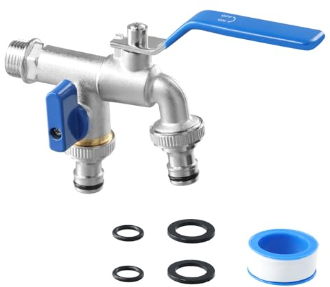 Rubinetto da giardino 1/2 e 3/4 pollice in ottone con 2 connettori per tubo e nastro di tenuta - Kugelhahn per esterno 1/2 pollice antigelo - Con Auslaufhahn per botte dell'acqua piovana
