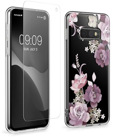 kwmobile Clear Case and Screen Protector Compatible with Samsung Galaxy S10e Case - Flower Bouquets Pastel Purple/Transparent