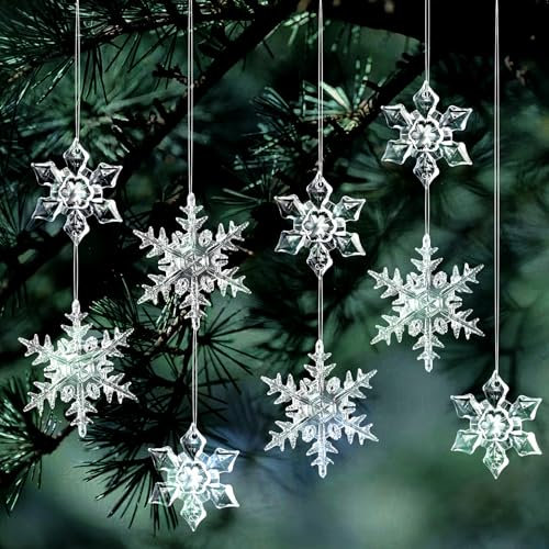 VOPIWOZ 15 STK Schneeflocken Weihnachtsbaum Deko, Acryl Anhänger Weihnachten Mit 10m Weihnachtsseil, Schneeflocken deko hängend Geeignet für weihnachtsdekoration winterdeko Hochzeitsdekoration