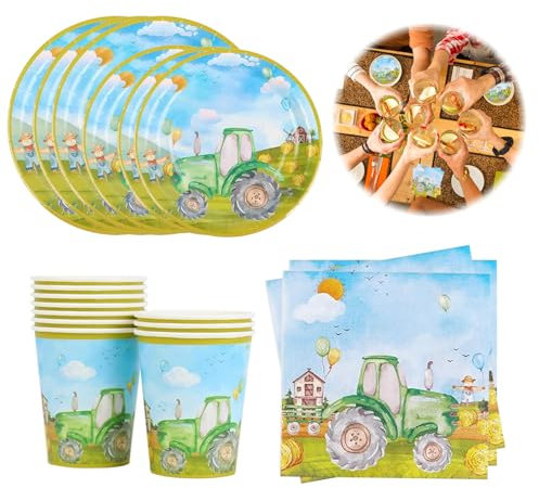 50 Vaisselle Jetable,Assiette Jetable Anniversaire,Vaisselle de fête Tracteur,Fournitures fête D'anniversaire Enfants,Ensemble de Vaisselle pour Tracteur de fête Assiettes Tasses Serviettes,