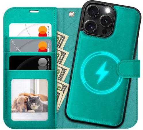 OCASE for iPhone 16 Pro Case, Detachable 2 in 1 PU Leather Wallet Case with RFID Blocking, Wireless Charging, Card Holders, Kickstand, Shockproof Removable Phone Cover, Blue Green