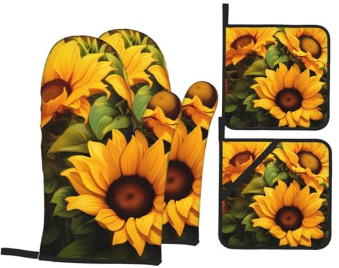 YYHHAOFA Ensemble de 4 pièces de cuisine à motif tournesols jaunes – Manique isolante et manique épaisse et durable