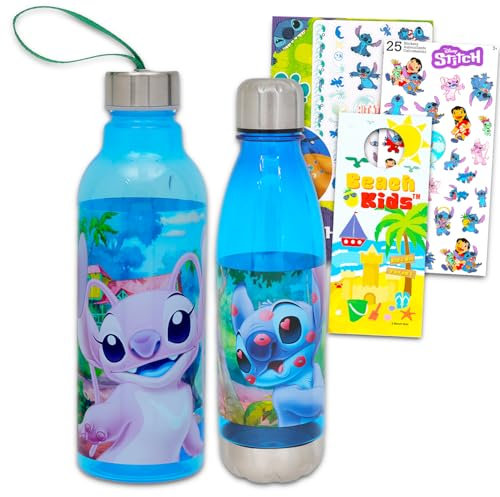 Disney Stitch and Angel Water Bottles for Girls - Bundle with 2 Stitch Reusable Water Bottles for Home, School, Sports Plus Stickers, Tattoos, More | Lilo and Stitch Water Bottles for Kids