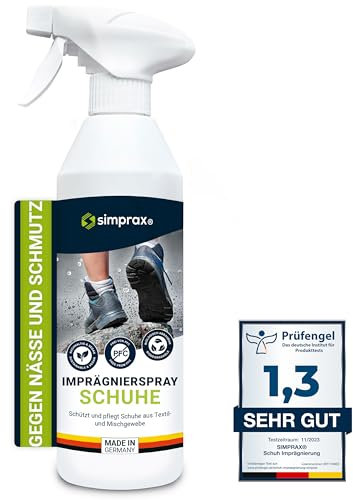 simprax® Spray Impermeabilizante Zapatos – Sneakers Trekking Goretex y Tejidos Técnicos - Certificado OEKO-TEX - Impermeabilizante Textil Transparente Duradero Anti-Suciedad y Vegano - 600ml