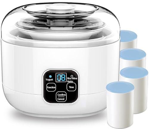 Ultimate Yogurt Maker, pequeña máquina eléctrica para Hacer Yogur con Olla Interior de Acero Inoxidable de 1 litro y 4 Tazas de porciones de cerámica, Control automático de Temperatura Constante