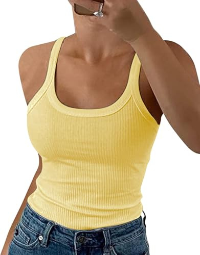 DUOEASE Spaghetti Top Damen Sommer 2025 Gerippt Rundhals Tank Top Basic Einfarbig Slim Fit Stretch Top