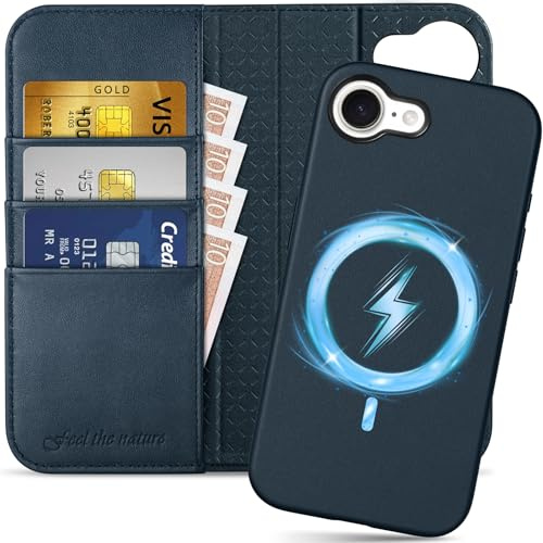 SHIELDON Abnehmbare Hülle für iPhone 17e/iPhone 16e 6,1, Marineblau | 2 IN 1 Handyhülle, Echtleder, Kabelloses Laden, RFID Blocker, Kartenfach, Ständer, Magnetverschluss, Stoßfest