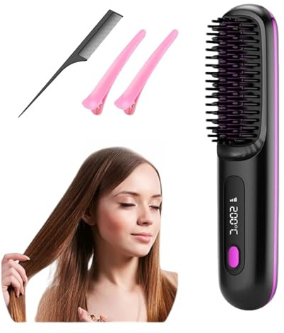 Winnsell Go Brush Pro Kabellose Haarglätter Bürste, Kabellose Haarglätter mit 3 Temperaturmodi Automatisches 360° Rollen (A)