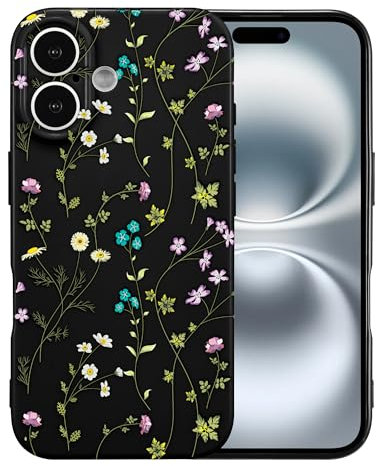 RALEAVO Flower Case for iPhone 16 (6.1), Girls Floral Silicone Shockproof Case Cover with Cute Patterns Protective Case for iPhone 16-Black