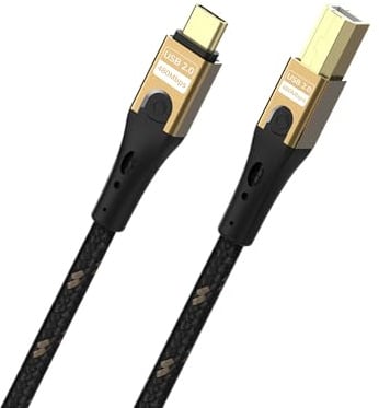 OEHLBACH USB Primus CB - USB Typ C auf Typ B Kabel - 480 Mbps Datenrate, hochwertiger Gewebemantel, HPOCC Innenleiter, effektive 3-fach Schirmung, schwarz/gold – 2 m