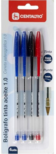 Centauro - Pack 4 Boligrafos Tinta Azul, Roja y Negra, Base Aceite, Punta 1mm, Alta Durabilidad, Secado Rápido, Perfecto como Material Escolar y de Oficina