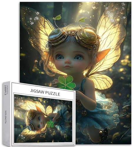 Vierblättriges Kleeblatt-Puzzle mit Fee, 1000-teiliges Puzzle für Erwachsene, Elfe mit Flügeln, Kunst-Puzzle, buntes DIY-Puzzle für Heimdekoration, Geschenke, Familienpuzzle, perfekt für Spieleabende,