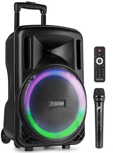 Fenton FT12LED MK2 12-inch Portable PA System with Wireless Mic, Battery Powered Bluetooth Speaker, LED Party Lights, MP3 Player, AUX Input, 700W