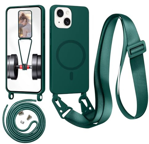 Beajew Handykette für iPhone 13 Mini Hülle mit Band [Kompatibel mit Magsafe] Flüssig Silikon Necklace Handyhülle Magnetische Schutzhülle zum Umhängen Kordel für iPhone 13 Mini, Dunkelgrün