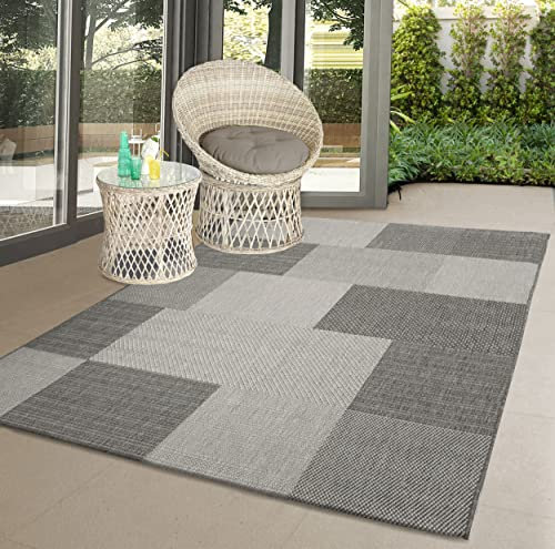 the carpet Mistra - robuster Teppich, modern, langlebig und pflegeleicht, In- und Outdoor, Wohnzimmer, ideal für Küche, Flur und Wintergarten, flachgewebt, Kariert, Grau, 60 x 110 cm