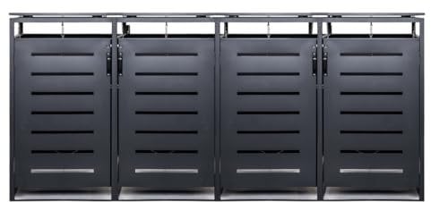 Mega Holz 4er Set Mülltonnenbox 255(B) x 80(T) x 117(H) cm für 240-Liter-Mülltonnen, Müllbox aus Stahl Pulberbeschichtet Farbton Anthrazit RAL 7016, Müllbox, Müllhaus, Mülltonnenverkleidung