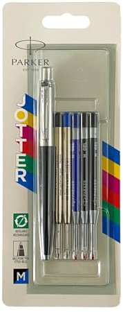 Parker Jotter Stylo à bille classique Corps noir Pointe moyenne Encre noire et bleue