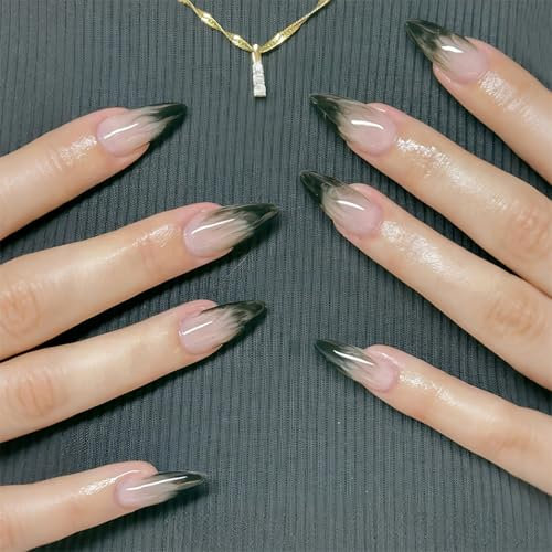 24pcs Press on Nails Almond - Long False Nails French Tip - Dark Green Fake nails with Glue - Elegant Stick on Nails for Women - Strong Nail Tips and Glue Long Lasting for DIY French Manicure