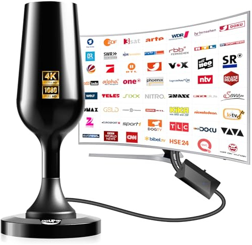 Antenna DVBT2, antenna da camera DVB-T e DVB-T2, con amplificatore, ampia portata e ricezione a 360°, antenna per TV con forte base magnetica, adatta per 4K 1080p, colore: nero