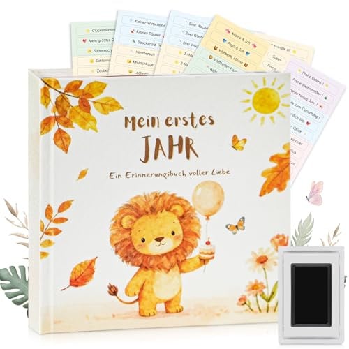 EARLY MINDS Babytagebuch Mein erstes Jahr, Leinen-Cover Babyalbum, 21×21 cm | Babybuch mit 88 Seiten, 4 Sticker, Hand- & Fußabdruck-Set, Erinnerungsbuch für Jungen & Mädchen, Geschenk zur Geburt