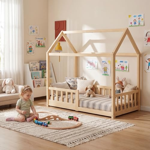 Meulbaty 70x140cm Holz Kinder Hausbett mit Rausfallschutz und Lattenrost | Schön Montessori Bodenbett für Kleinkind, Kiefernholz Massiv Kinder Bett geeignet für Mädchen und Jungen