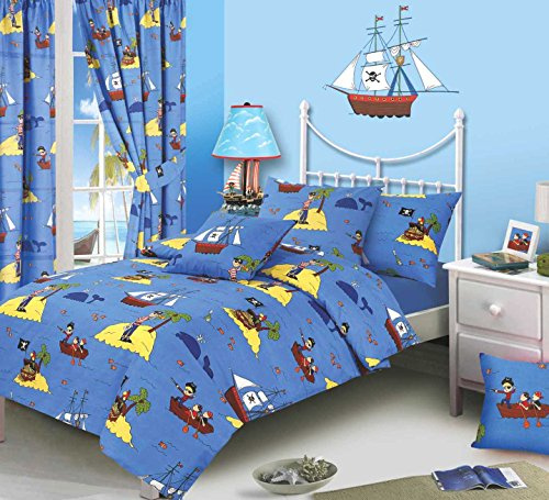 Double Bed Duvet Cover Set, Treasure Island, Pirates Whale Sea Ocean Fishes Ship Skull & Bones Parrot, Blue Yellow Black White Red