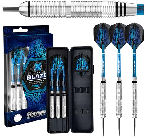 Harrows Blaze INOX Darts | Steeldarts-Set mit Tragetasche | 21g, 22g, 23g & 24g | Enthält Supergrip-Schäfte und 100-Mikron-Marathon-Flights (23g)