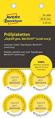 AVERY Zweckform 6964 widerstandsfähige Prüfplaketten 2018-2023 (selbstklebend, Kleinformat, Ø 30 mm, 80 Aufkleber auf 10 Blatt, handbeschriftbare Vinyl-Klebefolie zur Inventarkennzeichnung) gelb