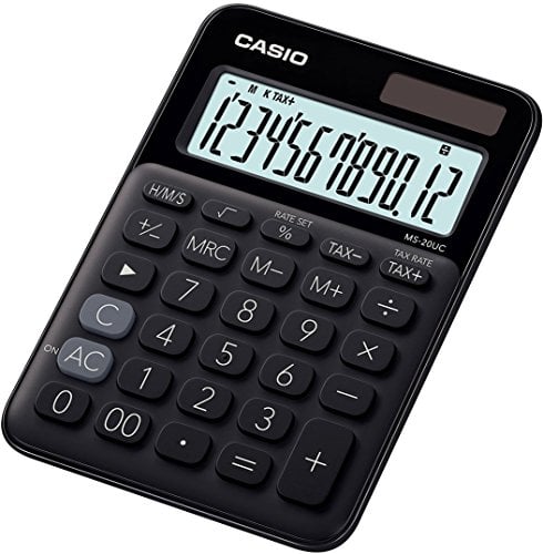 CASIO Tischrechner MS-20UC-BK, 12-stellig, in Trendfarben, Steuerberechnung, Zeitumrechnung, Solar-/Batteriebetrieb, 2.3 x 10.5 x 14.95 cm