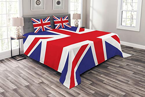 ABAKUHAUS Union Jack Tagesdecke Set, Britisches Loyal Symbol, Set mit Kissenbezügen Klare Farben, für Doppelbetten 264 x 220 cm, KönigsBlau rot-weiß
