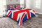 ABAKUHAUS Union Jack Tagesdecke Set, Britisches Loyal Symbol, Set mit Kissenbezügen Klare Farben, für Doppelbetten 264 x 220 cm, KönigsBlau rot-weiß