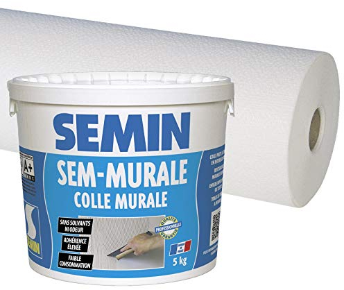 Semin A00451 Colle pour Toiles de Verre et Revêtements Muraux Légers en Pâte, Seau 5 kg et A00767 Sem Crepi Eco C 103, Toile de Verre pour Murs et Plafonds, Motif Crépi, 50 m x 1 m