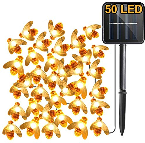 Solar Gartenlichter, Aktualisierung 7M 50LED Biene, 8 Modi Lichterkette, IP65 Wasserdicht Außenbeleuchtung, Solarbetrieben Beleuchtung zum Haus, Patio, Zaun, Party, Weihnachten, Baum (Warmweiß)