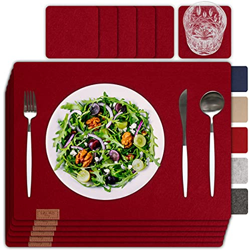 Sölmo 12er Premium Platzsets aus Filz Tischset Platzset 42x32 cm abwaschbar Filzuntersetzer Platzdeckchen Untersetzer Teller Platzset und Glas Untersetzer Echtholz Tisch geeignet Rot, Wine Red