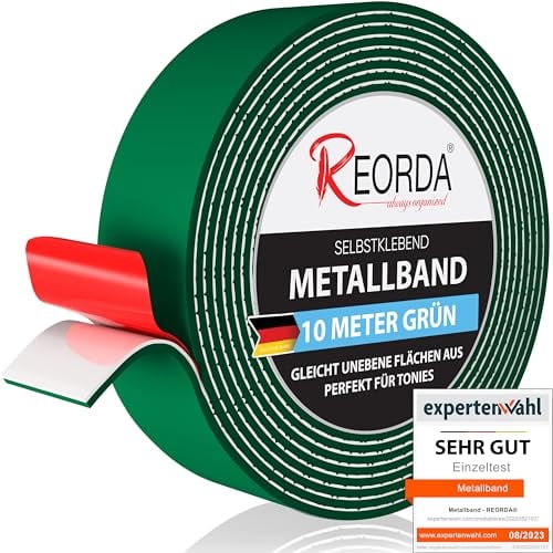 REORDA Metallband selbstklebend Grün - Ideal für Tonies®-Figuren & -Regale - Magnetband für Magnete I Ferroband I Magnetband selbstklebend I Eisenband (10m)