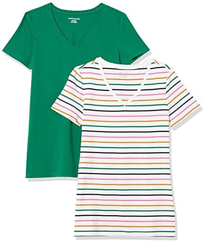 Amazon Essentials Women's Regular-Fit Short-Sleeve V-Neck T-Shirt, Pack of 2, Dark Green/White Stripes, L