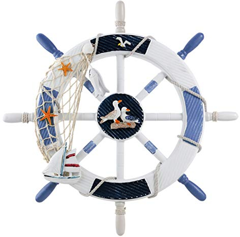 BESPORTBLE Vintage Retro Holz Steuerrad Ornament mit Möwe Fisch Nautische Dekoration Schiff Lenkrad Dekofigur Wandschmuck mit Alete Nails für Hochzeit Neujahr Party Wanddekoration