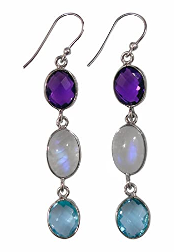 Argento Sterling 925 Goccia Ciondola Orecchino per Donna, Ametista Viola, Pietra di Luna e Topazio Blu Pietra Preziosa Designer Orecchini, Moda Fatti a Mano Feste Gioielli