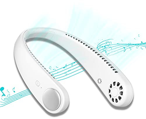 AQUYY Ventilateur Portable Cou avec Lecteur de Musique Bluetooth, Ventilateur sans Pales Rechargeable USB 3600mAh, Ventilateurs Silencieux Mains Libres pour Sport Bureau Maison Extérieur, 3 Vitesses