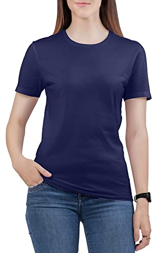 Love My Fashions Women's Round Neck Short Sleeves Plain Cotton T-Shirt Navy Blue