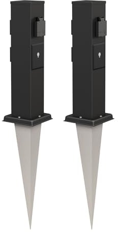 ledscom.de 2 Stück Garten-Steckdosen-Säule Polly schwarz mit Erdspieß für außen, 3-Fach, Smart Home, Edelstahl, eckig, 38cm