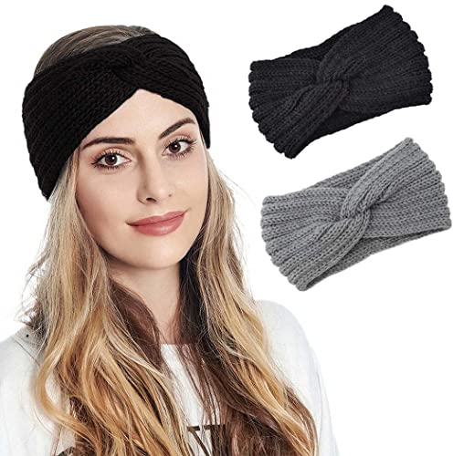 Fashband Strick-Stirnbänder für Winter, Ohrenwärmer, schwarz, elastisch, gedreht, gehäkelt, grob, Kopfwickel für Damen und Mädchen (2 Stück)