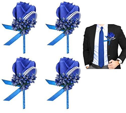 Pro-Noke Wedding Boutonniere Handmade Rose Corsage Buttonhole Flowers Artificial Wedding Prom Banquet with Pin and Clip (4pcs, Royal Blue)