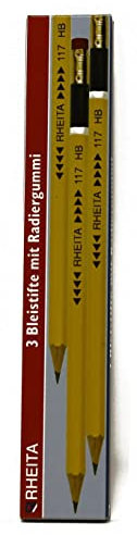 Rheita 117-3 Bleistifte mit Radierer, gelblackiert, HB, hexagonal, 3 Stück in Pappschachtel