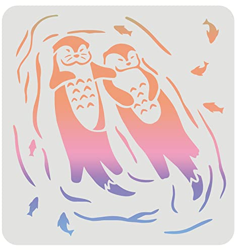 FINGERINSPIRE Otter Schablone 30x30cm Schwimmende Seeotter Schablone aus Kunststoff Zwei Otter Fischmuster Schablonen Wiederverwendbare Schablonen zum Malen auf Holz, Boden, Wand und Fliesen