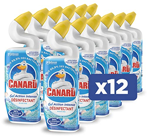Canard Gel Action Intense Marine - Gel Nettoyant et Désinfectant Toilettes - Tue 99,9% des Bactéries - Nouvelle Bouteille 50% Plastique Recyclé - Lot de 12