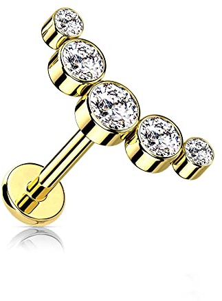 Treuheld® Labret Piercing mit runden Kristallen | Größe: 1.2mm x 6mm | Farbe: gold - Kristalle: klar
