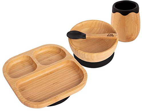 Tiny Dining Baby Feeding Set - Divided - Black - 4pc - Divided Non-Slip Bamboo Self-Feeding Weaning Plate, Bowl, Drinking Cup & Spoon for Babies, Toddlers, Children