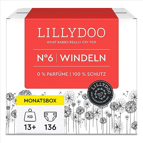 LILLYDOO hautfreundliche Baby Windeln - Größe 6 (13+ kg),Monatsbox (136 Stück), Sicherer Auslaufschutz, Weich, Ohne Parfüme & Lotionen für empfindliche Haut, Dermatologisch getestet